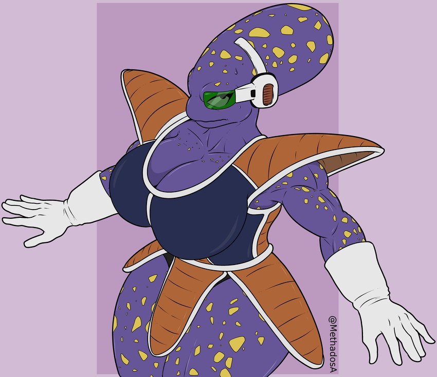 big_breasts biped breasts cleavage clothed clothing crossgender female gloved_hands huge_breasts looking_at_viewer markings mtf_crossgender non-mammal_breasts purple_background purple_body simple_background solo spots spotted_body thick_thighs methados dragon_ball dragon_ball_z appule alien absurd_res hi_res