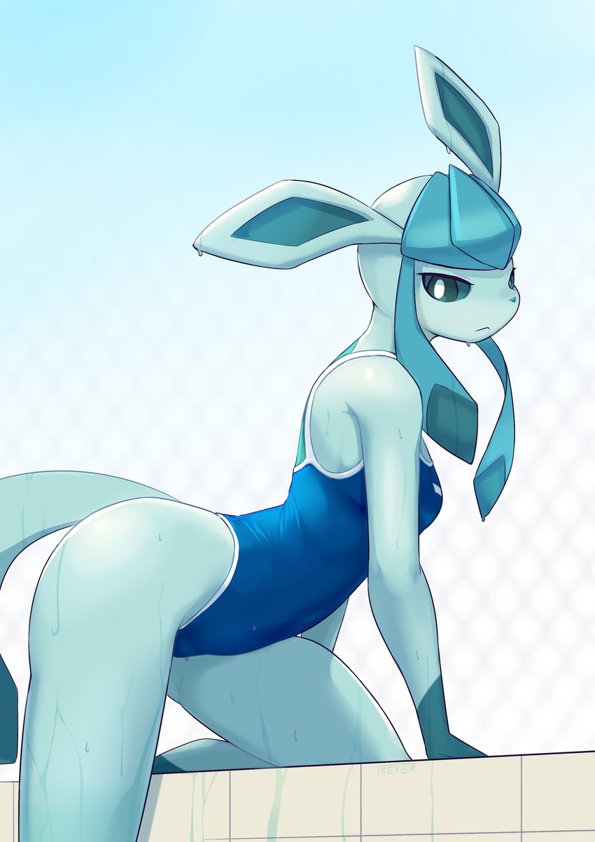 all_fours anthro anthrofied arched_back biped blue_body breasts clothed clothing female highleg looking_at_viewer navel_outline one-piece_swimsuit pokemorph pool pupils slim small_breasts solo sport_swimsuit swimwear thick_thighs wet wet_body treyer nintendo pokemon eeveelution generation_4_pokemon glaceon pokemon_(species) 2024 absurd_res digital_media_(artwork) hi_res