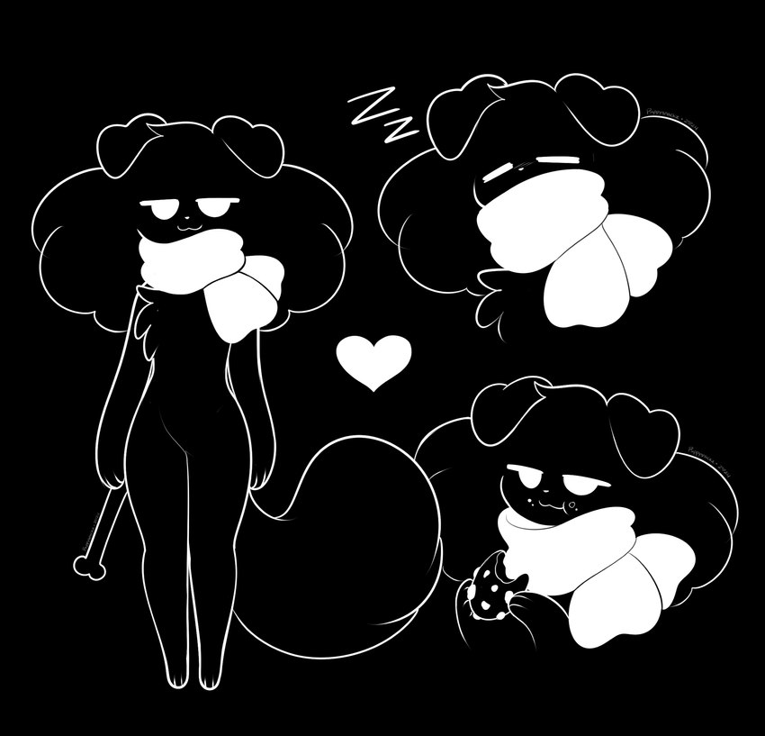 ambiguous_gender anthro bone cookie eating female fluffy fluffy_chest fluffy_hair fluffy_tail folded_ears food hair heart_symbol scarf sleeping smug smug_face solo standing tail puppysnackz puppysnackz_(character) canid canine canis domestic_dog mammal hi_res monochrome