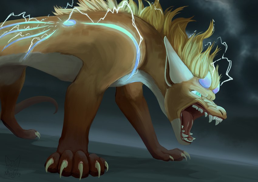 bared_teeth claws electricity electricity_manipulation elemental_manipulation female feral glowing glowing_eyes horn lightning markings snarling solo storm mystery_(artist) naolu absurd_res hi_res