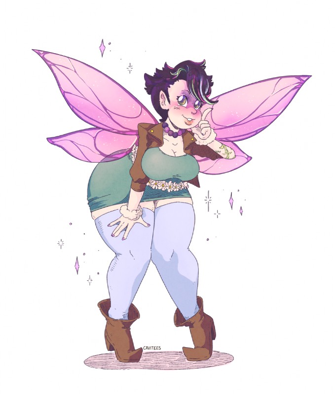 breasts clothing female flower footwear hair humanoid_pointy_ears insect_wings jewelry legwear not_furry plant pointy_ears shoes short_hair simple_background smile solo standing stockings thick_thighs white_background wide_hips wings cavitees humanoid winged_humanoid 2019