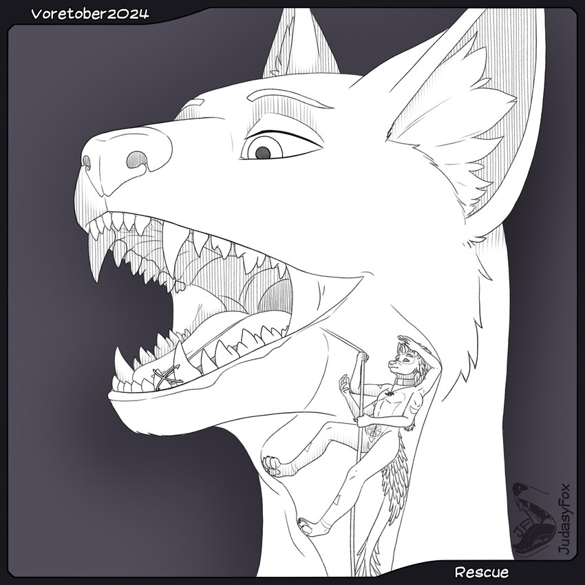 4_arms climbing collar collar_only digitigrade extreme_size_difference fur grappling_hook inner_ear_fluff multi_arm multi_limb nude open_mouth oral_vore pseudo_hair rescue rope size_difference smaller_prey teeth throat tuft vore x-ray_vision judasyfox voretober alien canid canine canis mammal wolf 1:1 absurd_res artist_name hi_res