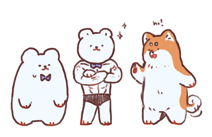 anthro bow_tie brown_body brown_fur clothing fur group male muscular simple_background text underwear white_background white_body white_fur shirokumani bear canid canine canis domestic_dog hybrid mammal polar_bear shiba_inu spitz ursine 2020 english_text