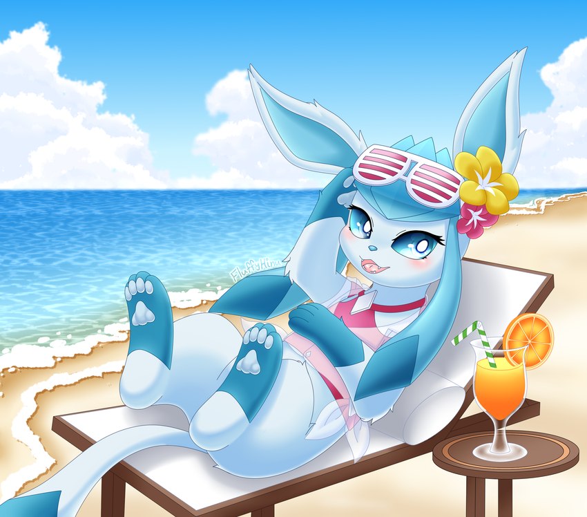 accessory ambiguous_gender beach blue_body blue_eyes blue_fur blush clothed clothing cloud eyewear eyewear_on_head feet feral fur hair_accessory holowear_(pokemon) juice pawpads paws quadruped seaside solo sunglasses sunglasses_on_head tail fluffy_hinu nintendo pokemon pokemon_unite beach_style_glaceon eeveelution generation_4_pokemon glaceon pokemon_(species) hi_res