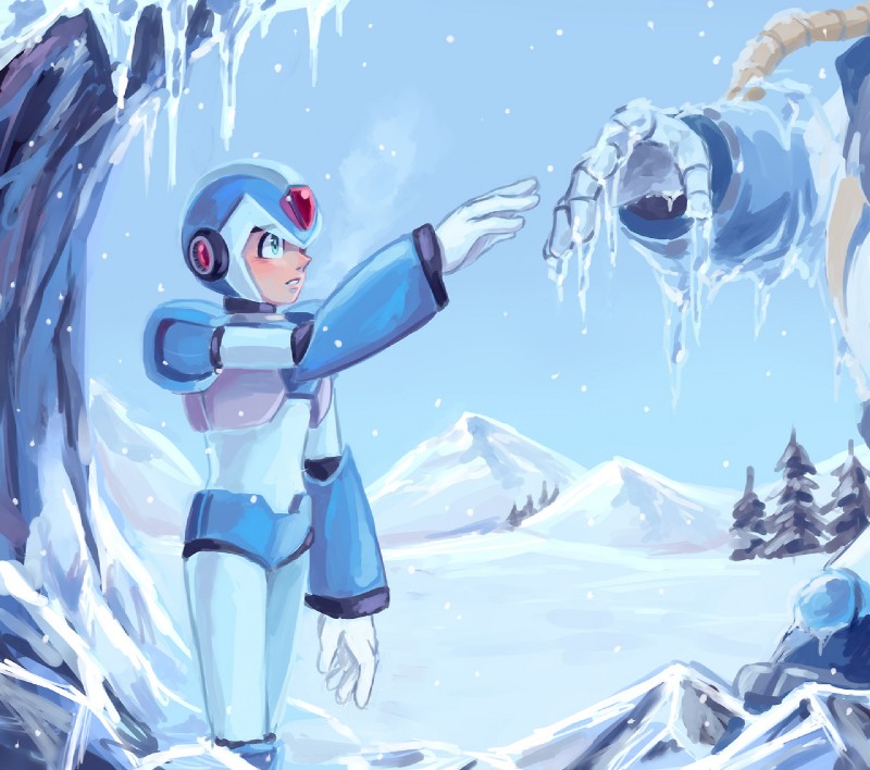 blue_eyes breath cold duo frozen ice icicle machine mountain not_furry_focus plant snow tree rayum capcom mega_man_(series) mega_man_x_(series) blizzard_buffalo mega_man_x_(character) android bovid bovine humanoid mammal reploid robot