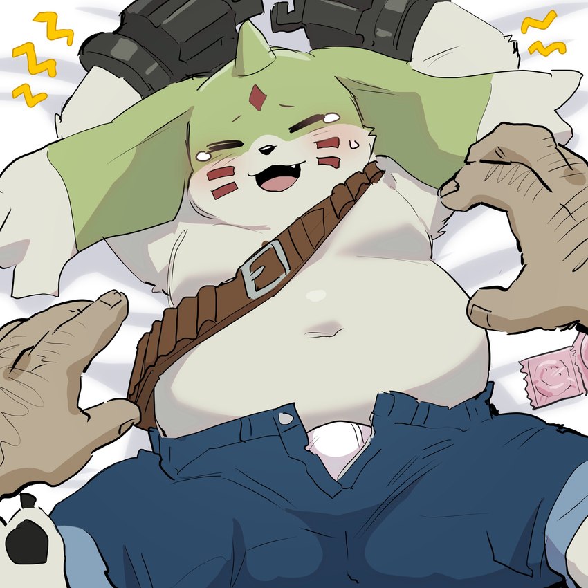 anthro belly blush bottomwear bulge clothed clothing condom duo eyes_closed first_person_view gun_arm kemono long_ears lying male moobs navel open_bottomwear open_clothing open_mouth open_pants overweight overweight_male pants pov_hands sexual_barrier_device solo_focus underwear white_body ssu_open bandai_namco digimon digimon_(species) gargomon human mammal 1:1 2023 absurd_res hi_res