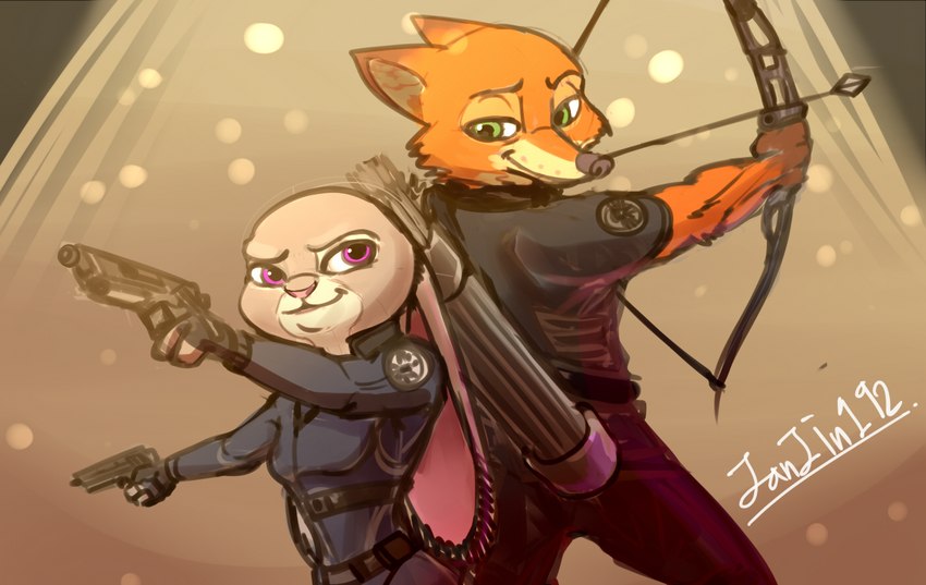 anthro arrow_(weapon) bow_(weapon) breasts clothed clothing cosplay duo female fur grey_body grey_fur gun handgun holding_gun holding_object holding_ranged_weapon holding_weapon male pistol quiver_(object) ranged_weapon recurve_bow red_body red_fur weapon kambo disney marvel the_avengers zootopia black_widow_(marvel) hawkeye judy_hopps nick_wilde canid canine fox lagomorph leporid mammal rabbit red_fox true_fox 2016