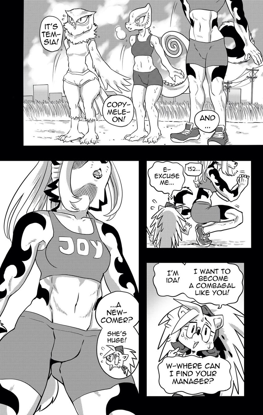 anthro breasts clothed clothing dialogue exercise female fur group hair midriff navel shirt size_difference tank_top text topwear daigaijin furryfight_chronicles freydar_(furryfight_chronicles) ida_huggler avian bird canid canine canis domestic_dog eulipotyphlan hedgehog lizard mammal owl reptile scalie comic english_text hi_res monochrome