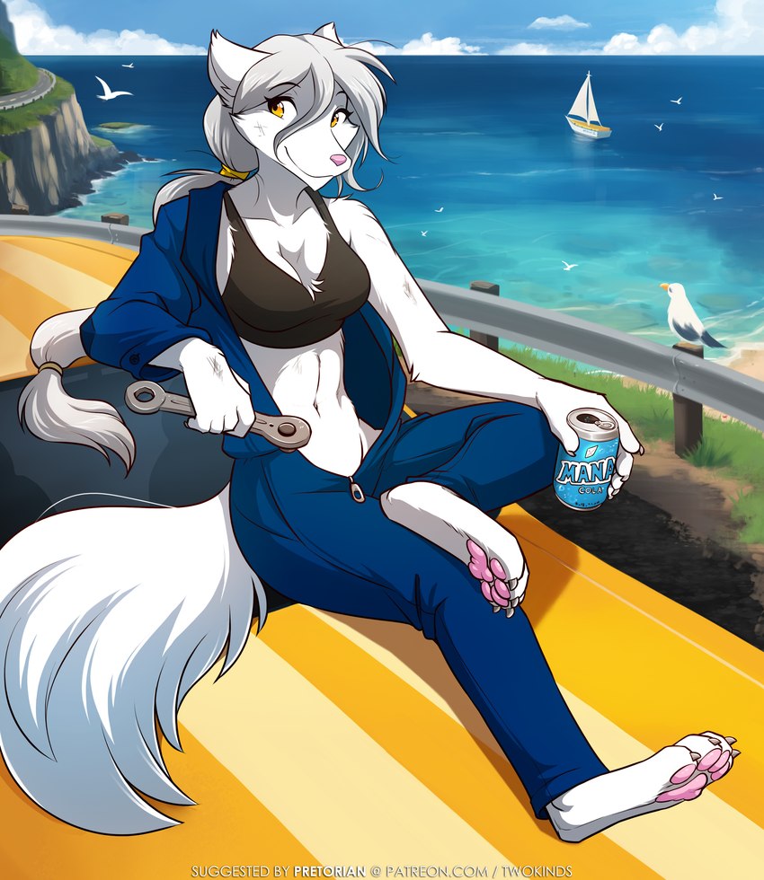 4_toes 5_fingers anthro arm_tuft barefoot beach beverage beverage_can black_bra black_clothing black_underwear boat bra braided_hair braided_ponytail breasts car cheek_tuft chest_tuft claws cleavage clothed clothing cloud collarbone coveralls crossed_legs detailed_background digitigrade elbow_tuft eyebrow_through_hair eyebrows eyelashes eyelashes_through_hair facial_tuft feet female fingers fluffy fluffy_tail fur grass hair heart_symbol high-angle_view hindpaw holding_beverage holding_object holding_tool holding_wrench horizon humanoid_hands looking_aside medium_breasts midriff motor_vehicle navel no_underwear open_coveralls open_zipper painted_background pawpads paws pink_nose pink_pawpads plant ponytail railing road sailing_boat sailing_watercraft sea seaside shoreline shoulder_tuft sitting sitting_on_car sitting_on_vehicle sky smile soles tail text toe_claws toes tomboy tools training_bra translucent translucent_hair tuft underpaw underwear unzipped unzipped_clothing vehicle water watercraft white_body white_fur white_hair wrench yellow_car yellow_eyes zipper conditional_dnp tom_fischbach twokinds raine_silverlock ambient_bird avian bird canid canine canis gull keidran lari larid mammal wolf 2023 absurd_res adobe_photoshop_(artwork) colored digital_media_(artwork) hi_res url