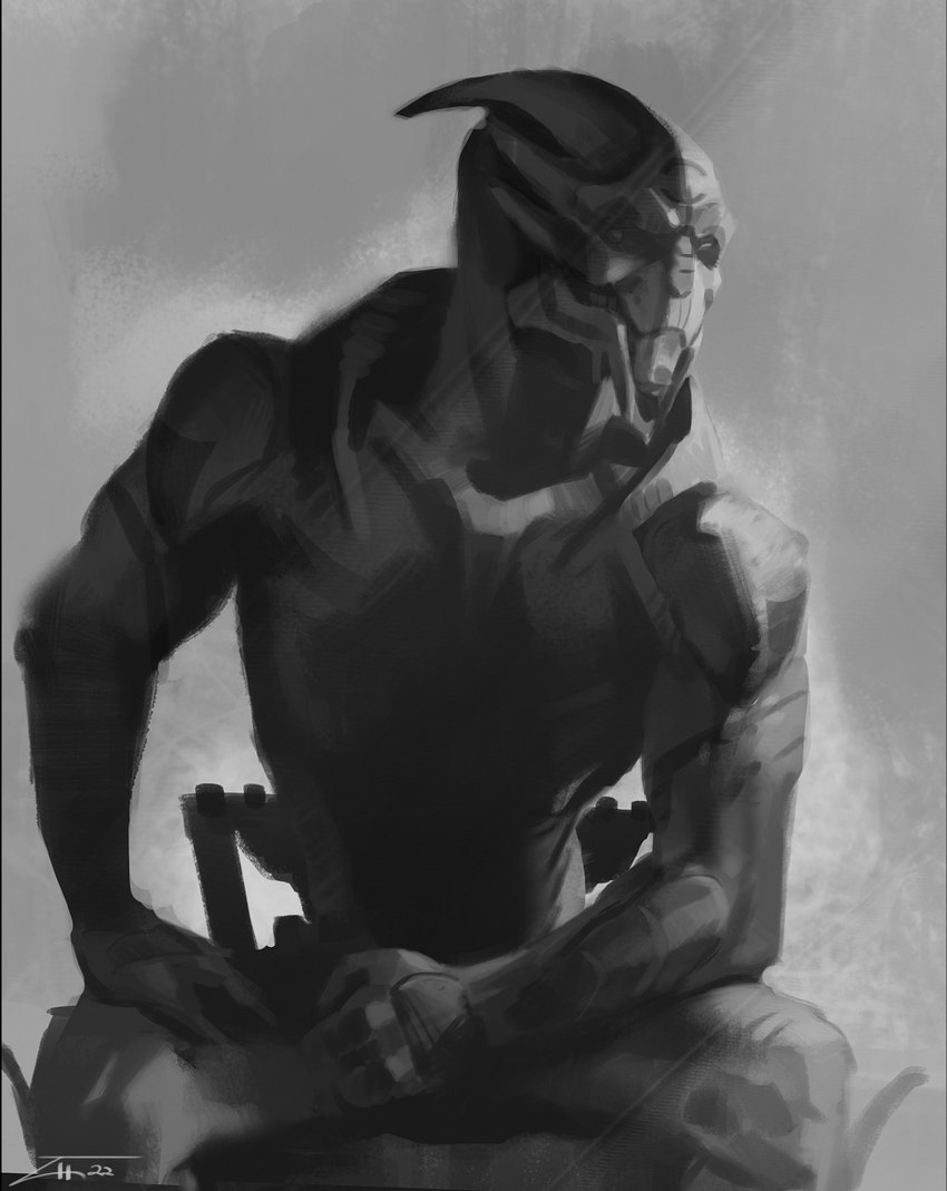 bodypaint face_paint looking_aside male nude sitting solo teeth malorne bioware chad_(meme) electronic_arts gigachad mass_effect alien turian 2022 dated digital_media_(artwork) hi_res meme monochrome signature