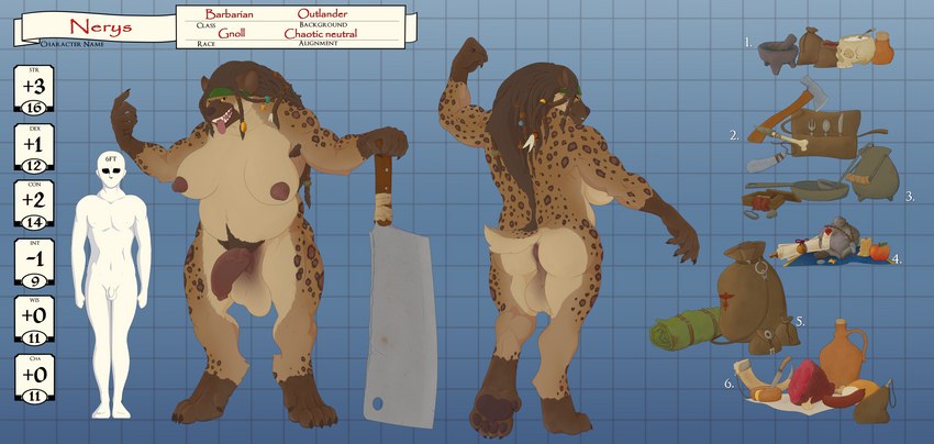 5_fingers 5_toes accessory anthro anus apple axe balls bandanna barbarian bedroll belly big_breasts big_penis blue_background bone bottle braided_hair bread breasts brown_body brown_fur brown_hair brown_pawpads candle casual_nudity character_sheet_(rpg) cheese claws cleaver_(weapon) clothing coin container cookware cutlery dairy_products digitigrade drinking_horn feather_in_hair feathers feet fingers food fork fruit frying_pan fur garlic genitals geometric_background gold_(metal) gold_coin green_bandanna green_kerchief grid_background gynomorph hair hair_accessory ham hatchet headgear headgear_only headwear headwear_only herbs horn human_skull intersex kerchief kitchen_utensils knife ladle looking_at_viewer meat melee_weapon mortar_and_pestle mostly_nude musclegut muscular muscular_gynomorph muscular_intersex nipples number pattern_background pawpads penis pink_nipples pink_tongue plant pork rock sack satchel sausage scroll sharp_teeth silver_coin simple_background skull slightly_chubby solo spices spoon stats teeth text tinderbox toes tongue tongue_out tools vegetable weapon yellow_eyes yellow_sclera heart0fink_(artist) dungeons_and_dragons hasbro wizards_of_the_coast gnoll hyena mammal charm_(disambiguation) absurd_res english_text hi_res