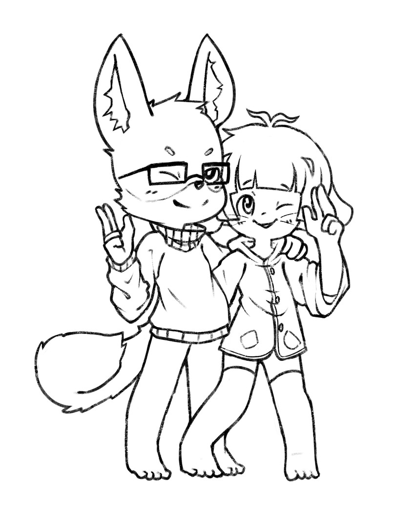 anthro arm_around_shoulders bottomless clothed clothing coat duo eyewear glasses legwear one_eye_closed oversized_clothing oversized_coat oversized_topwear raised_hand stockings topwear wink kinkykong paraphore lana_(paraphore) canid canine canis domestic_dog lagomorph leporid mammal rabbit shiba_inu spitz hi_res monochrome