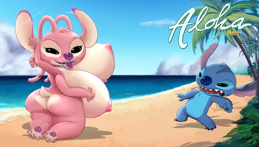 4_arms 4_fingers 4_toes ambiguous_gender antennae_(anatomy) antennae_markings anthro areola beach big_breasts biped black_eyes blue_body blue_fur blue_nose blue_pawpads breasts butt chest_tuft claws day duo ear_markings eyelashes featureless_crotch feet female finger_claws fingers fur head_tuft holding_breast huge_breasts hyper hyper_breasts kneeling long_antennae looking_at_another looking_at_viewer looking_back looking_back_at_viewer markings multi_arm multi_limb narrowed_eyes nipples notched_ear open_mouth open_smile outside palm_tree pawpads pink_areola pink_body pink_fur pink_nipples pink_tongue plant purple_markings purple_nose purple_pawpads purple_tongue scut_tail seductive sharp_teeth short_tail smile tail teeth text toe_claws toes tongue tongue_out tree tuft billmurray disney lilo_and_stitch angel_(lilo_and_stitch) stitch_(lilo_and_stitch) alien experiment_(lilo_and_stitch) 2025 absurd_res artist_name digital_drawing_(artwork) digital_media_(artwork) english_text hawaiian_text hi_res male_(lore)