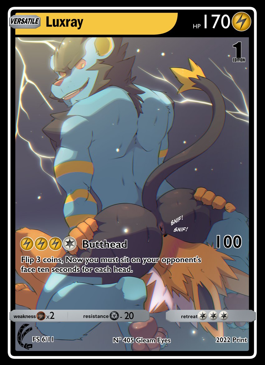 ambiguous_gender anthro anthro_on_anthro anthrofied anus bodily_fluids butt butt_sniffing card card_template chromatic_aberration duo facesitting fur gameplay_mechanics grey_background hand_on_butt kneeling lightening looking_back lying male male/ambiguous nude number on_back onomatopoeia pokemon_card simple_background sitting_on_another smile sniffing sound_effects sweat text trading_card trading_card_game trading_card_template tuft versatile zipperhyena nintendo pokemon eeveelution generation_1_pokemon generation_4_pokemon jolteon luxray pokemon_(species) 2022 absurd_res english_text hi_res