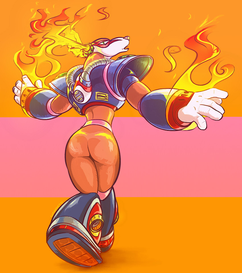 anthro armor butt fire fire_antlers green_eyes looking_at_viewer machine male open_mouth simple_background small_waist solo tube warrnet capcom mega_man_(series) mega_man_x_(series) nintendo flame_stag deer mammal reploid robot