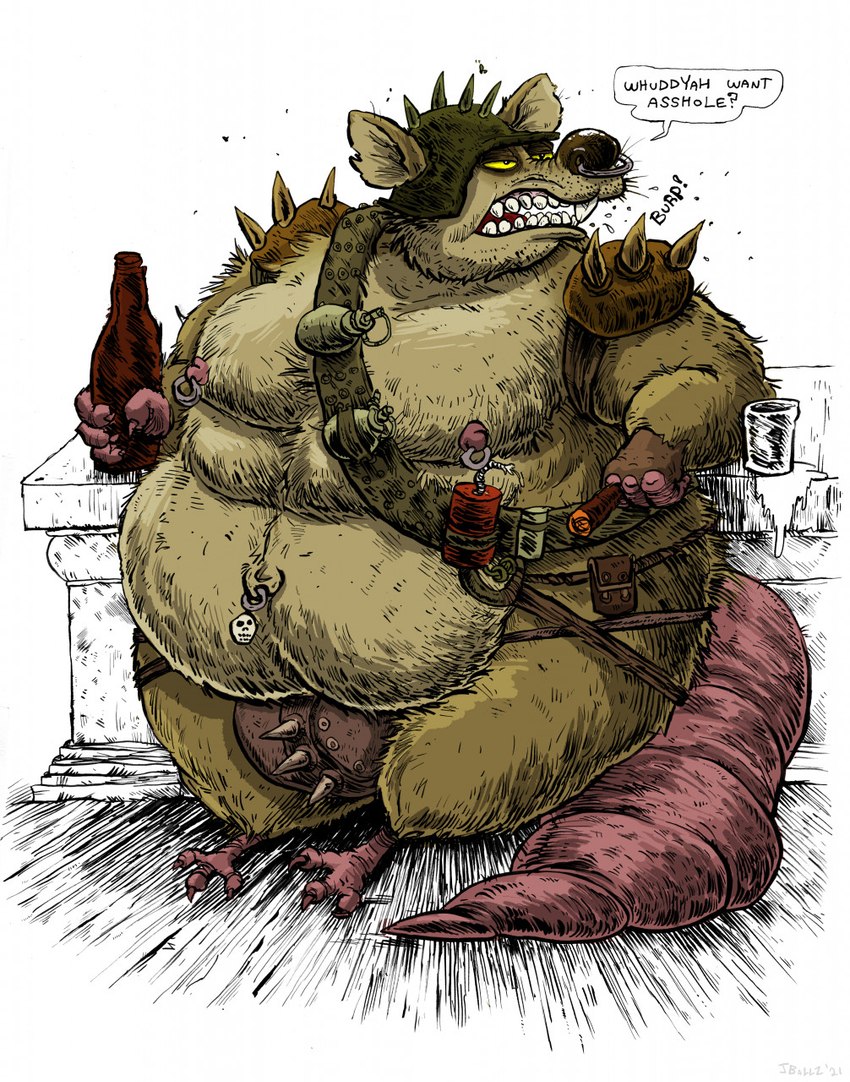 3_toes 4_fingers alcohol anthro arm_support armor balls bar_counter beer beer_mug belly belly_rolls beverage big_balls big_belly big_nose big_tail biped bone bottle brown_body brown_fur buckteeth bulge burping chubby_cheeks cigar cigarette claws clothed clothing codpiece container counter crooked_teeth dynamite explosives facial_piercing fat_rolls feet finger_claws fingerless_gloves fingers fur genitals girthy gloves grenade hairless_tail half-closed_eyes handwear hanging_belly harness headgear helmet holding_beer holding_bottle holding_cigar holding_cigarette holding_container holding_object huge_balls huge_belly insult leaning leaning_backward leaning_on_counter leaning_on_elbow male moobs morbidly_obese morbidly_obese_anthro morbidly_obese_male multicolored_body multicolored_fur narrowed_eyes navel navel_piercing navel_ring nipple_piercing nipple_ring nipples nose_piercing nose_ring notched_ear nude obese obese_anthro obese_male open_mouth overweight overweight_anthro overweight_male piercing pink_feet pink_hands pink_nipples profanity ring_piercing sharp_teeth shoulder_pads simple_background skimpy skull skull_accessory skull_head smelly solo sound_effects spiked_armor spiked_helmet spiked_shoulder_pads spikes spittle standing tail tan_body tan_fur teeth text thick_arms thick_calves thick_tail thick_thighs thong tnt toe_claws toes two_tone_body two_tone_fur underwear weapon white_background yellow_sclera jwbalsley sally_and_the_stompers boss_rat mammal murid murine rat rodent colored detailed digital_drawing_(artwork) digital_media_(artwork) english_text hi_res shaded sketch