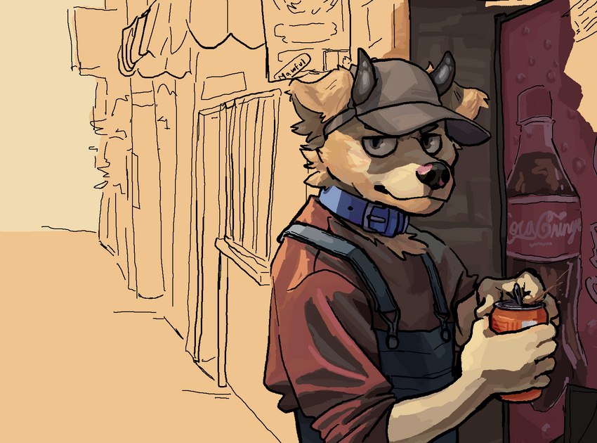 5_fingers anthro beverage beverage_can blue_collar brown_body brown_fur clothed clothing collar detailed_background fingers fur headgear headwear holding_beverage holding_object horn male outside soda solo topwear vending_machine mawfulme coca-cola canid canine mammal 2021 hi_res