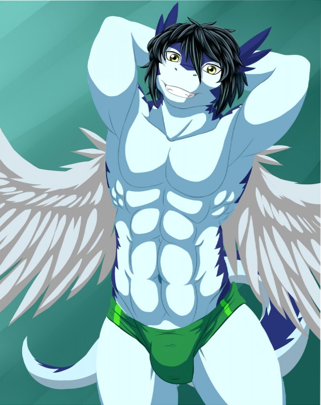 anthro bulge clothed clothing looking_at_viewer male muscular muscular_anthro muscular_male pose smile solo tail topless underwear wings nameless00 mythology clei dragon mythological_creature mythological_scalie scalie windragon hi_res