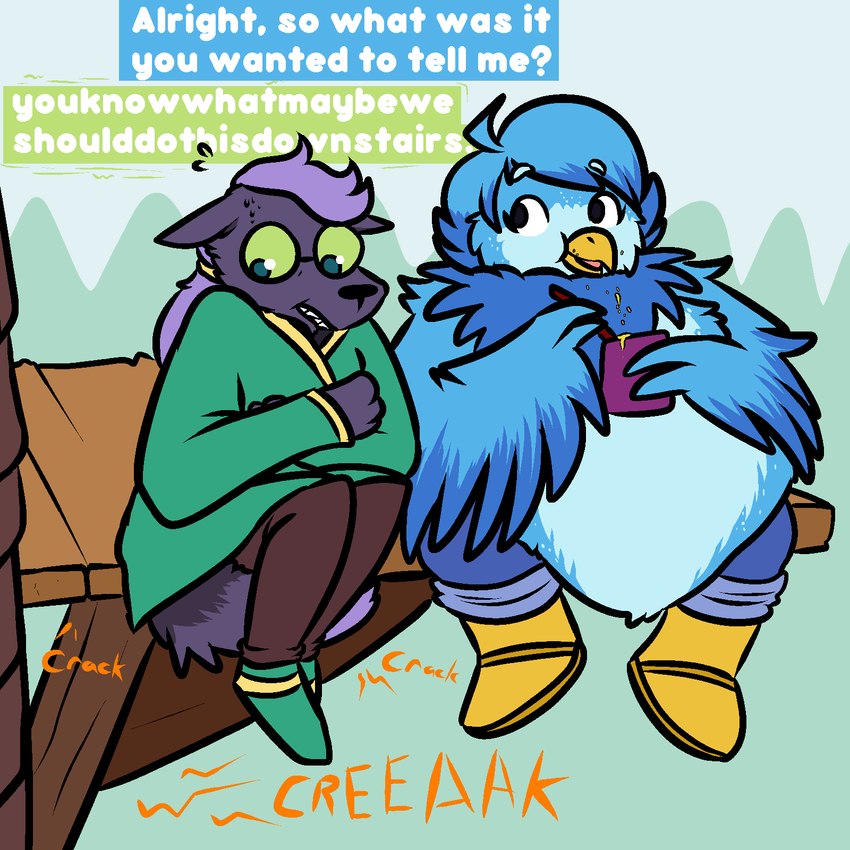 anthro eating eyewear female glasses hair obese overweight overweight_female pants_only platform purple_hair scared speech_bubble pregsnax(artist) undertale_yellow chujin_ketsukane martlet_(undertale_yellow) avian bird canid canine fox mammal 1:1 hi_res