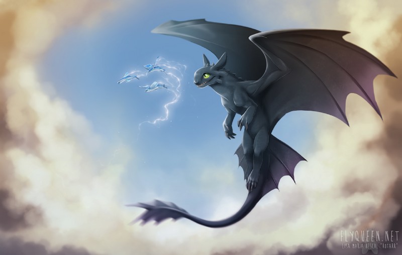 ambiguous_gender black_body black_scales claws cloud feral flying glistening green_eyes group membrane_(anatomy) membranous_wings midair nude open_mouth scales sharp_teeth sky tail teeth toe_claws wings rotarr dreamworks european_mythology how_to_train_your_dragon mythology toothless dragon fish flying_fish fury_(httyd) marine mythological_creature mythological_scalie night_fury scalie western_dragon 2014