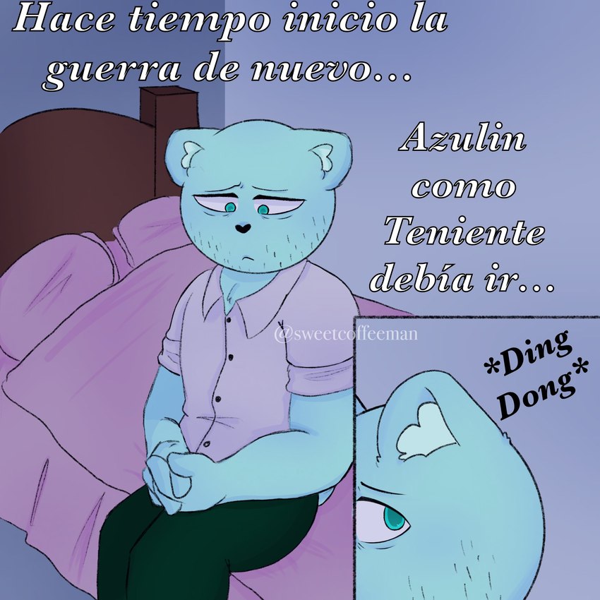 anthro bed black_nose blue_body blue_eyes bottomwear clothing furniture male pants sad shirt sitting solo text topwear yagamikuro67 unicorn_wars azulin's_father bear mammal 1:1 2023 hi_res spanish_text translation_check translation_request