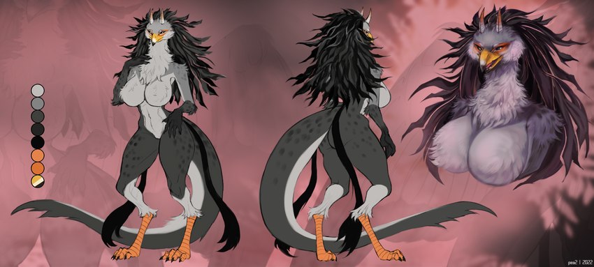 4_toes 5_fingers anthro beak big_breasts big_tail black_body black_claws black_feathers black_sclera breasts claws color_swatch feather_hair feathers featureless_breasts featureless_crotch feet female female_anthro fingers fluffy front_view grey_body grey_feathers huge_breasts huge_tail neck_tuft non-mammal_breasts nude orange_feet orange_talons pink_background pseudo_hair rear_view simple_background solo tail tall text toes tuft yellow_beak pea2 hela_(fluffythunderbird) accipitriform avian bird secretary_bird 2022 artist_name digital_media_(artwork) hi_res model_sheet female_(lore)