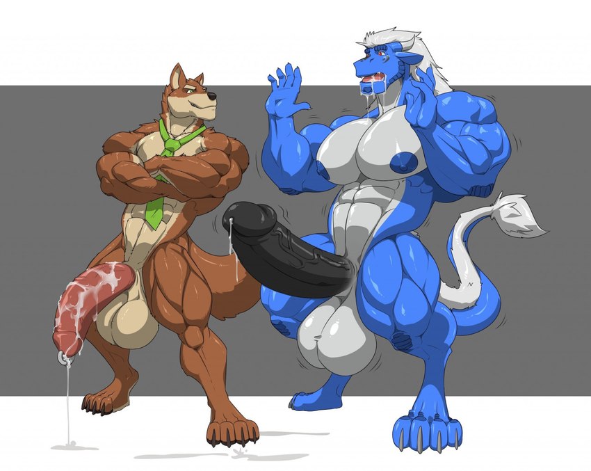 anthro balls big_balls big_muscles big_penis black_penis blue_body blue_nipples bodily_fluids clothed clothing cum dripping drooling duo erection genital_fluids genitals growth hair huge_balls huge_penis hyper hyper_balls hyper_genitalia hyper_penis male male/male muscle_growth muscle_size_difference muscular muscular_anthro muscular_male nipples partially_clothed penis saliva shocked tail white_hair kartos mythology akuro bamwuff canid canine canis dragon mammal mythological_creature mythological_scalie scalie wolf