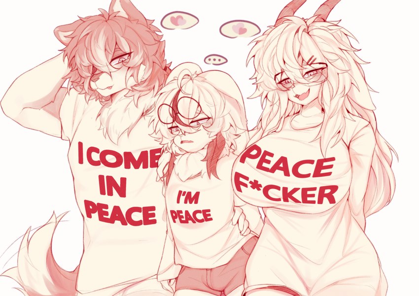 anthro blush clothed clothing eyewear female femboy fur glasses group hair male meme_shirt simple_background smile tail text trio l3landbunny7 i_come_in_peace_(meme) meme_clothing white_(l3landbunny) bovid canid canine canis caprine domestic_dog goat lagomorph leporid mammal rabbit shiba_inu spitz absurd_res digital_media_(artwork) hi_res meme