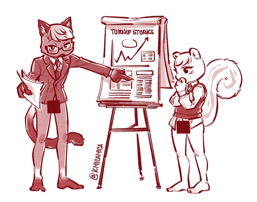 anthro black_tie_(suit) bottomless bottomless_anthro bottomless_male censor_bar chart clothed clothing duo eyewear glasses graph male suit text kmicamica animal_crossing nintendo marshal_(animal_crossing) raymond_(animal_crossing) domestic_cat felid feline felis mammal rodent sciurid tree_squirrel 2025 english_text hi_res monochrome