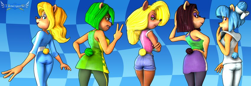 anthro blonde_hair blue_hair bottomwear brown_hair butt clothing cutoffs denim denim_bottomwear denim_clothing female gesture green_hair group hair hand_gesture looking_back rear_view shorts tight_clothing v_sign tbwinger92 activision crash_bandicoot_(series) ami_bandicoot isabella_bandicoot liz_bandicoot megumi_bandicoot nitro_squad tawna_bandicoot bandicoot mammal marsupial 2019 3d_(artwork) digital_media_(artwork) hi_res