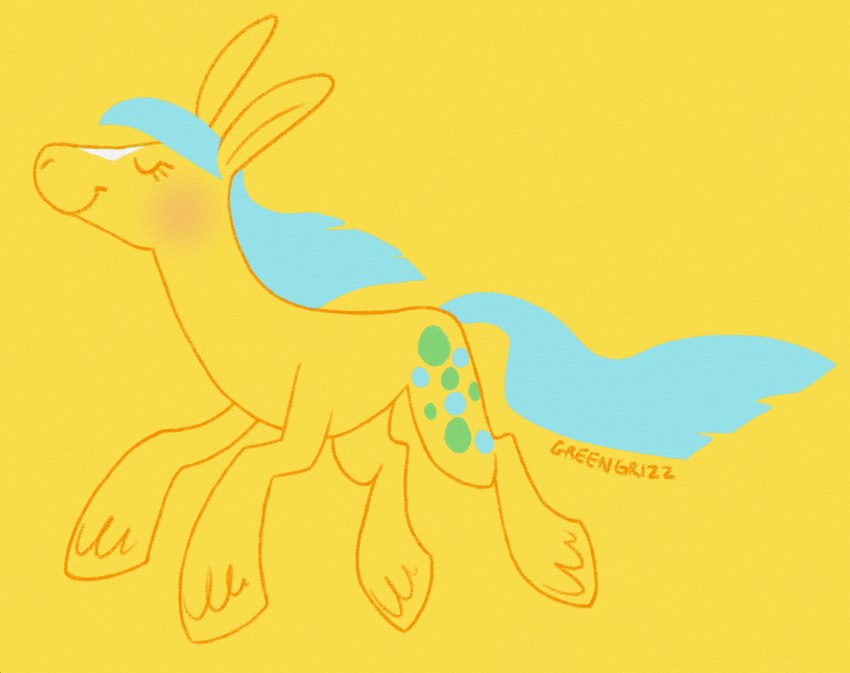 blue_mane blue_tail blush closed_smile cutie_mark eyelashes eyes_closed feathering female female_feral feral fur hooves long_mane mane mouth_closed pre-g4 quadruped side_view simple_background smile solo tail text unguligrade yellow_background yellow_body yellow_fur yellow_hooves greengrizz hasbro mlp_g1 my_little_pony bubbles_(mlp) earth_pony equid equine horse mammal pony 2023 artist_name digital_drawing_(artwork) digital_media_(artwork) english_description flat_colors hi_res