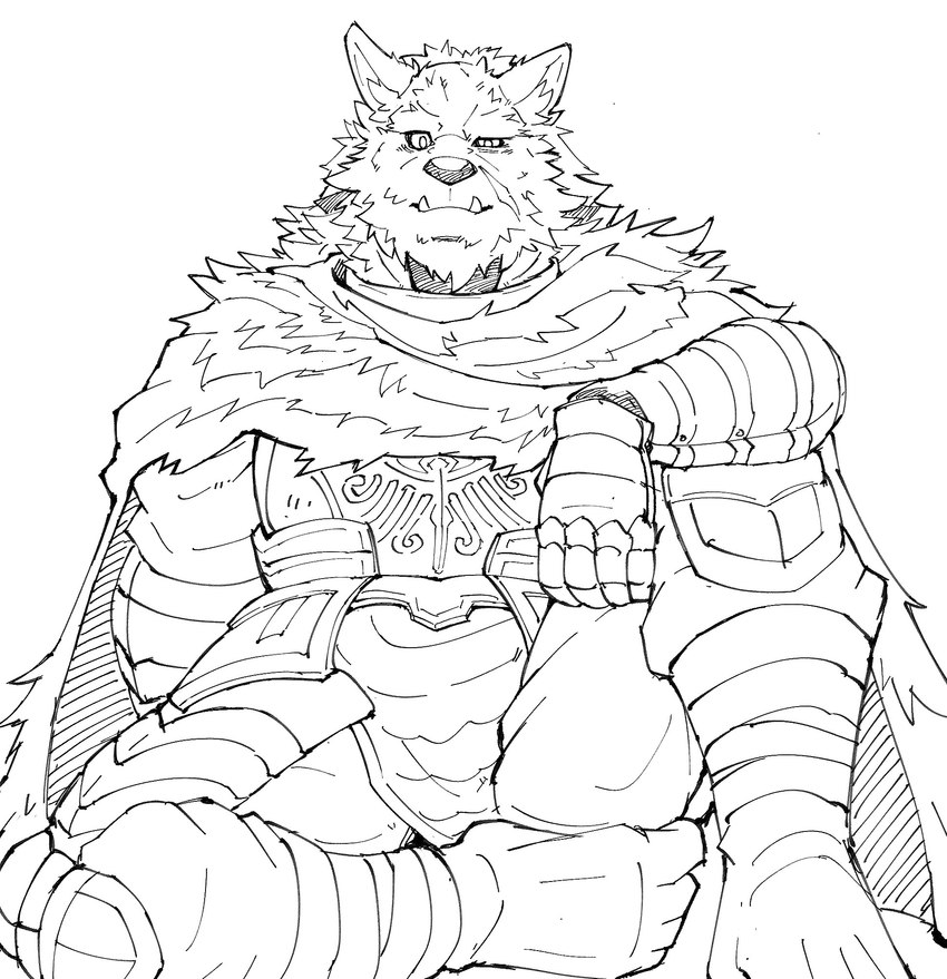 anthro armor cape clothing fangs male scar solo teeth urakata5x elden_ring fromsoftware blaidd_(elden_ring) canid canine canis mammal wolf hi_res monochrome