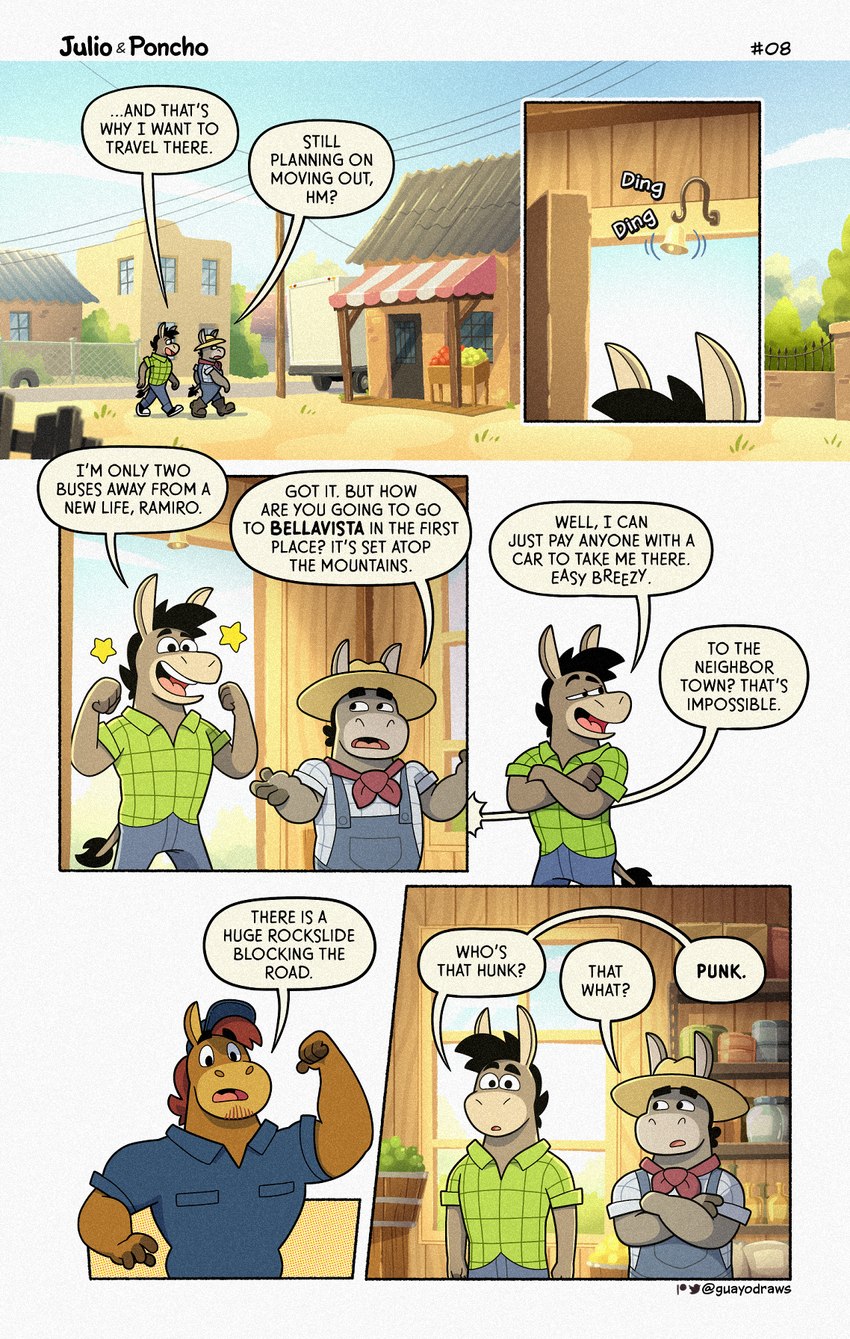 anthro bottomwear brown_body clothing detailed_background dialogue duo group hat headgear headwear inside male outside overalls pants shirt text topwear walking guayodraws julio_(julio_&_poncho) poncho_(julio_&_poncho) ramiro_(julio_&_poncho) asinus donkey equid equine horse mammal 2023 comic english_text hi_res