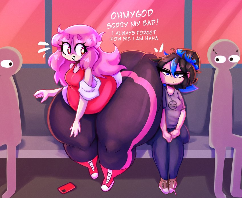 annoyed belly big_butt black_hair blue_hair bodily_fluids bottomwear butt clothing dialogue electronics female group hair huge_butt huge_thighs hyper hyper_thighs inside_train male multicolored_hair not_furry overweight overweight_female overweight_humanoid pants phone pink_hair red_eyes sitting smile sweat sweatdrop text thick_thighs train unimpressed vehicle wide_eyed yoga_pants mysterydad elise_(mysterydad) viola_(mysterydad) human humanoid mammal vampire 2024 colored digital_media_(artwork) hi_res shaded