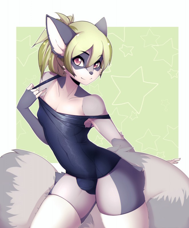 anthro blue_body blue_fur bulge clothed clothing crossdressing femboy fur green_hair grey_body grey_fur hair legwear looking_at_viewer male one-piece_swimsuit red_eyes school_swimsuit shirt simple_background smile solo swimwear thick_thighs thigh_highs topwear white_body white_fur wide_hips suelix ricky_(lad13) mammal procyonid raccoon absurd_res digital_media_(artwork) hi_res