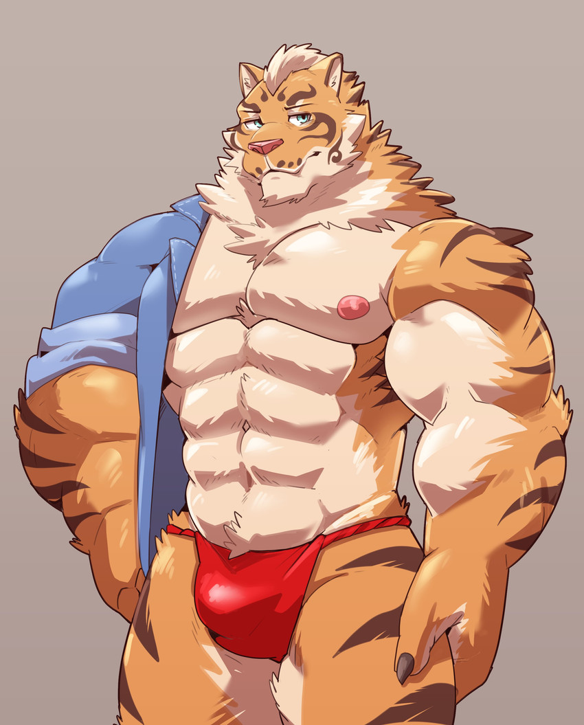 abs anthro biceps bulge claws clothing countershading finger_claws fur fur_tuft looking_at_viewer male multicolored_body multicolored_fur muscular muscular_anthro muscular_male neck_tuft pose red_clothing simple_background solo tuft jumperbear nekojishi studio_klondike lin_hu felid mammal pantherine tiger 2020 absurd_res hi_res portrait three-quarter_portrait