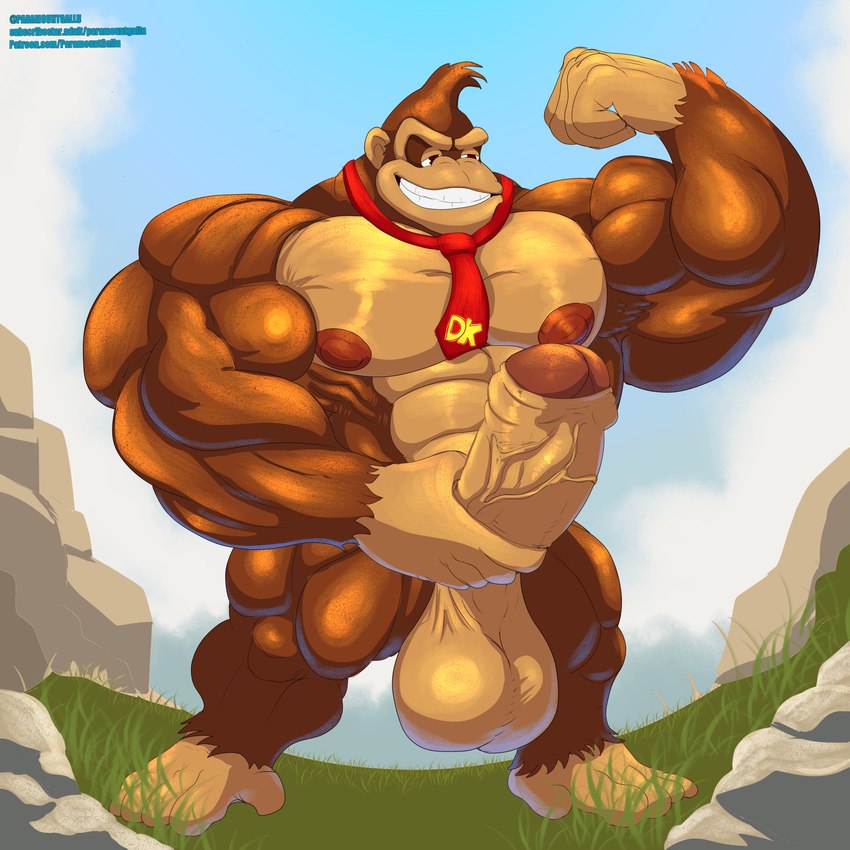 anthro balls big_pecs big_penis brown_body erection flexing foreskin genitals grass humanoid_genitalia male muscular muscular_anthro muscular_male necktie nipples pecs penis plant smile solo standing vein veiny_penis paramountgallu donkey_kong_(series) nintendo donkey_kong_(character) ape gorilla haplorhine mammal primate 1:1 absurd_res hi_res