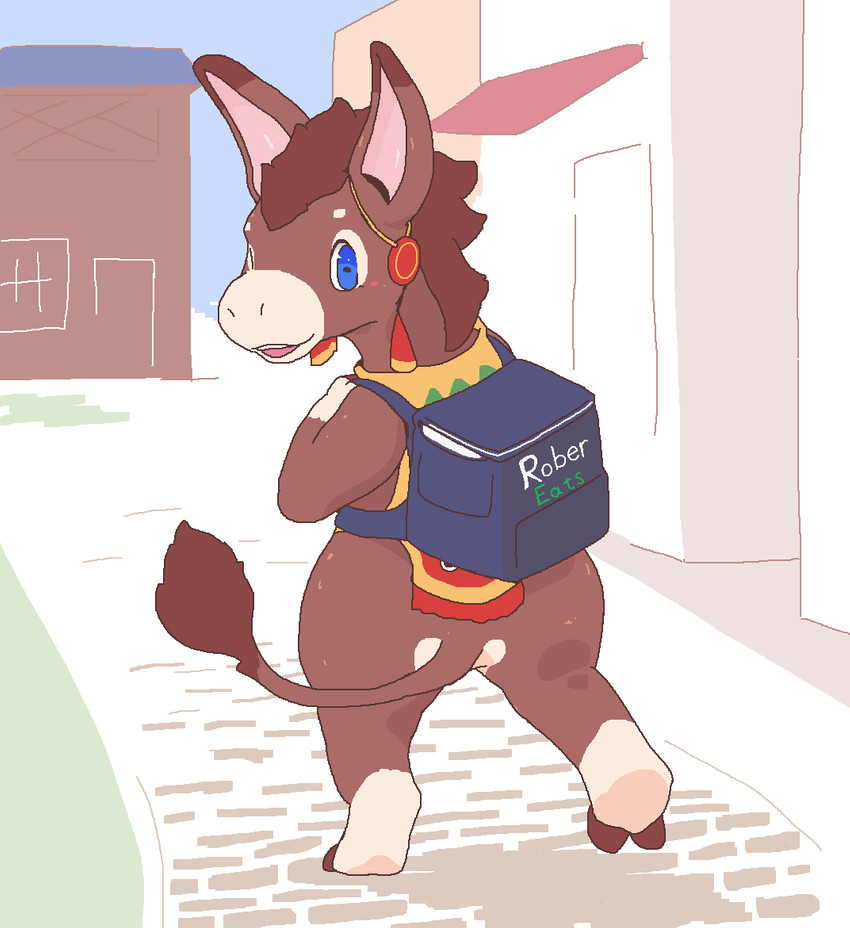 anthro backpack biped bottomless brown_body clothed clothing ear_accessory male multicolored_clothing multicolored_topwear outside path rear_view solo tail tail_tuft topwear tuft walking jimines asinus donkey equid equine mammal digital_media_(artwork) full-length_portrait portrait