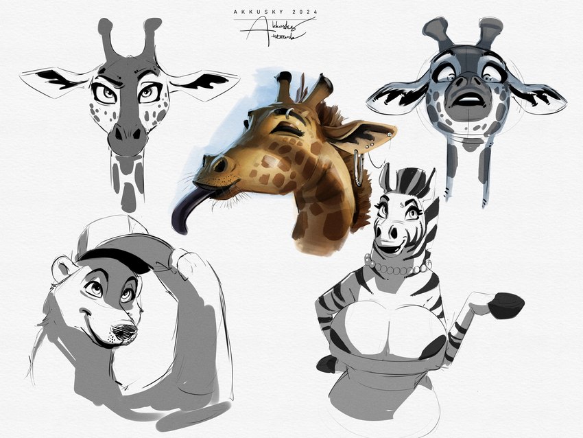 anthro big_breasts breasts eyes_closed female looking_aside looking_at_viewer smile tongue tongue_out akkusky disney zootopia bear equid equine giraffe giraffid mammal polar_bear ursine zebra 2024 4:3 hi_res