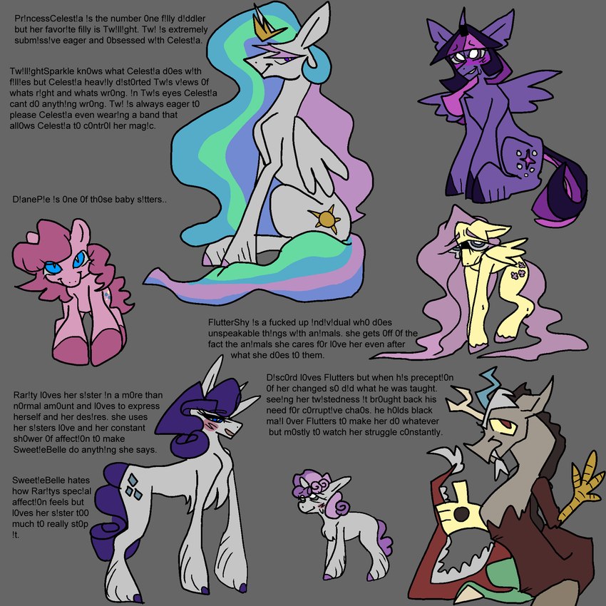 abuse alternate_universe ambiguous_gender anthro bangs bestiality blue_eyes blunt_bangs blush brown_eyes chart crown crown_only curly_hair cutie_mark ears_back embarrassed embarrassed_female eye_through_hair eyebrow_through_hair eyebrows eyelashes female feral fur green_eyes grey_background group hair half-closed_eyes headgear highlights_(coloring) hooves horn lore mane manipulation multicolored_hair multicolored_mane multicolored_tail narrowed_eyes pink_body pink_eyelashes pink_fur pink_hair pink_highlights pink_hooves pink_mane pink_tail pivoted_ears pointy_ears prick_ears pupils purple_body purple_fur purple_hair purple_hooves purple_tail purple_wings rainbow_hair rainbow_mane rainbow_tail relationship_chart scuted_hands scutes simple_background slit_pupils smug snout spread_wings submissive submissive_female submissive_feral tail tail_tuft text translucent translucent_hair tuft white_body white_fur wings yellow_body yellow_fur yellow_sclera yellow_wings young young_female young_feral y0urd3sir3 friendship_is_magic hasbro my_little_pony mythology discord_(mlp) fluttershy_(mlp) pinkie_pie_(mlp) princess_celestia_(mlp) rarity_(mlp) sweetie_belle_(mlp) twilight_sparkle_(mlp) chimera draconequus equid equine horse mammal mythological_creature mythological_equine pegasus pony unicorn winged_unicorn 1:1 2025 hi_res multiple_images translated incest_(lore) sibling_(lore) sister_(lore) sisters_(lore)
