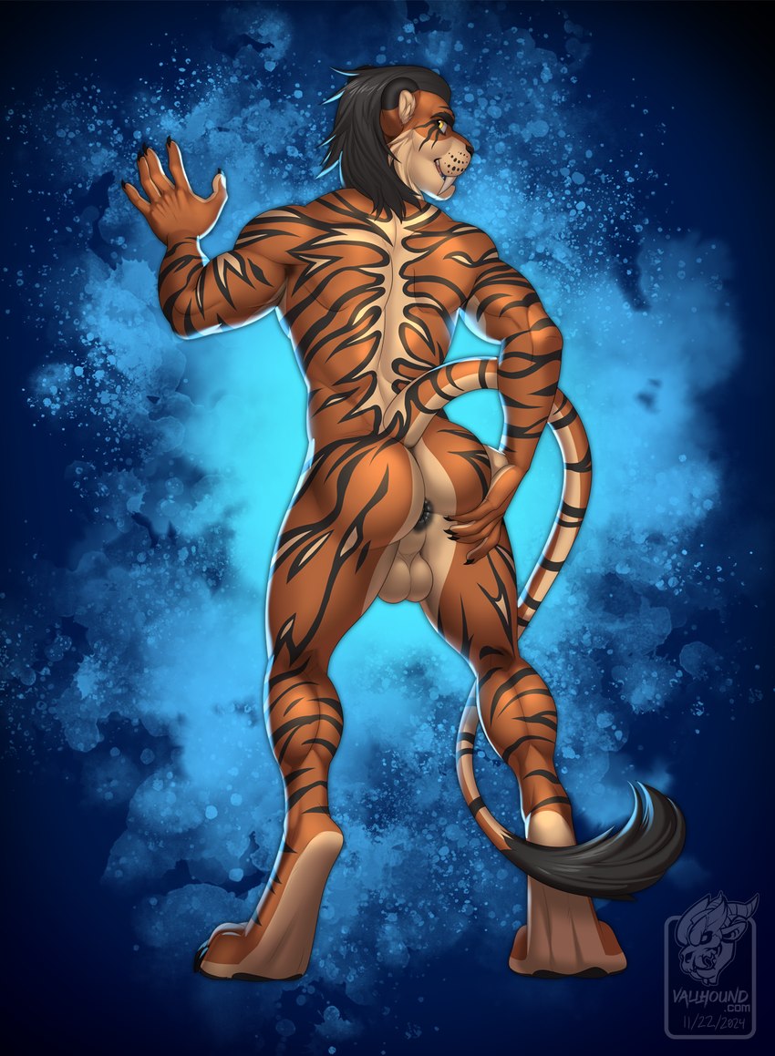 anthro anus athletic black_anus black_hair butt butt_focus butt_grab digitigrade fangs fur hair hand_on_butt looking_at_viewer looking_back male muscle_tone nude seductive solo spread_butt spreading striped_body striped_fur stripes teeth vallhound jakkar felid feline hybrid mammal pantherine prehistoric_species saber-toothed_tiger tiger hi_res