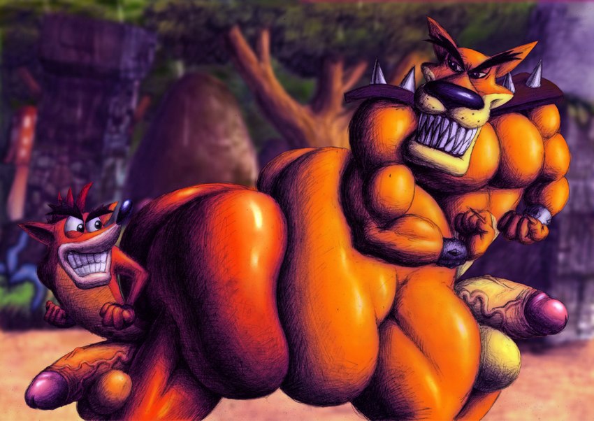 anthro big_butt big_penis bubble_butt butt butt_frottage butt_rubbing duo flexing genitals huge_butt huge_penis hyper hyper_butt hyper_genitalia hyper_penis male male/male muscular nude pecs penis pushing sex size_difference ten-kun activision crash_bandicoot_(series) crash_bandicoot tiny_tiger bandicoot dasyuromorph mammal marsupial recently_extinct_species thylacine traditional_media_(artwork)