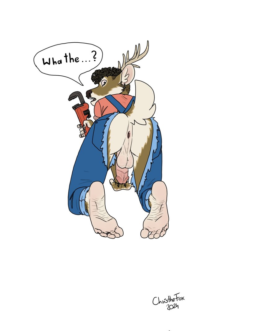 anthro antlers anus balls blue_bottomwear blue_clothing blue_jeans blue_pants bottomwear bracelet brown_body brown_fur brown_hair butt circumcised clothing damaged_clothing denim denim_bottomwear denim_clothing dialogue ear_piercing ear_ring ears_up feet foot_fetish foot_focus fur genitals hair holding_melee_weapon holding_object holding_tool holding_weapon holding_wrench horn humanoid_feet jeans jewelry kneeling looking_at_viewer male melee_weapon pants penis piercing plantigrade raised_tail red_clothing red_shirt red_topwear repairman ring_piercing scut_tail shirt short_tail simple_background solo speech_bubble tail tools topwear torn_bottomwear torn_clothing torn_jeans torn_pants wardrobe_malfunction weapon white_body white_fur wrench wrinkled_feet wrinkles bartek22 deer mammal hi_res