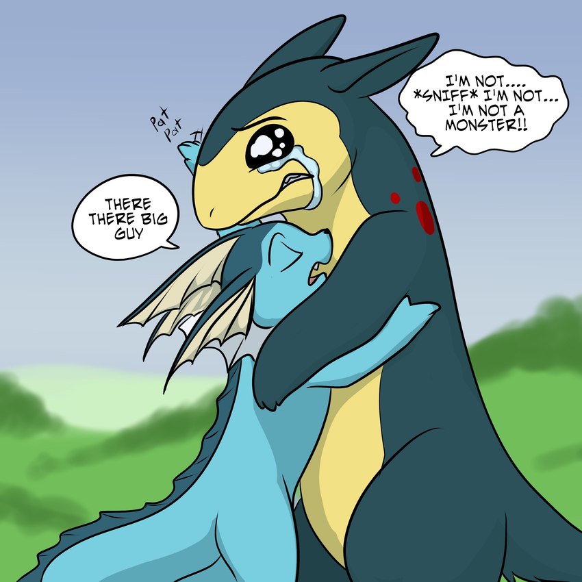 ambiguous_gender anthro blue_body bodily_fluids crying dialogue duo eyes_closed feral open_mouth outside tears text foxenawolf 2024_pokemon_gigaleak justice_for_typhlosion nintendo pokemon eeveelution generation_1_pokemon generation_2_pokemon pokemon_(species) typhlosion vaporeon 1:1 absurd_res digital_media_(artwork) english_text hi_res