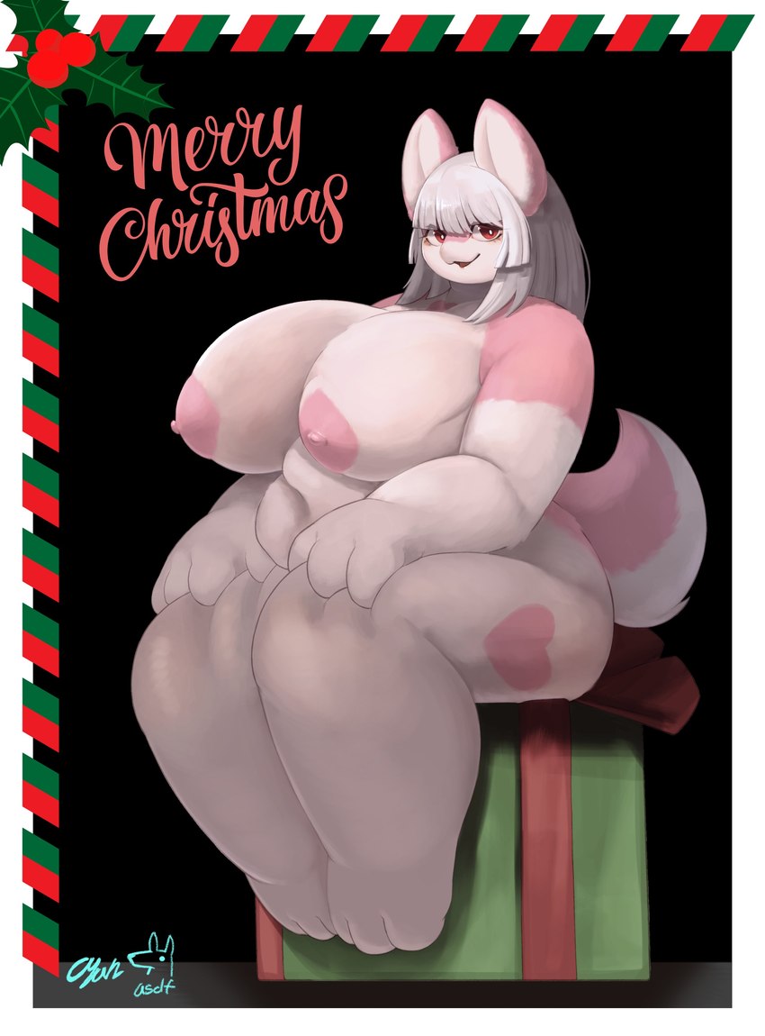 anthro areola big_breasts box breasts butt christmas_card container curvy_figure female fur gift_box hair heart_pattern holidays holly_(plant) huge_breasts looking_at_viewer nipples nude plant simple_background sitting smile solo tail text thick_thighs white_hair wide_hips cyan_asdf christmas mammal unknown_species 2023 absurd_res english_text hi_res signature