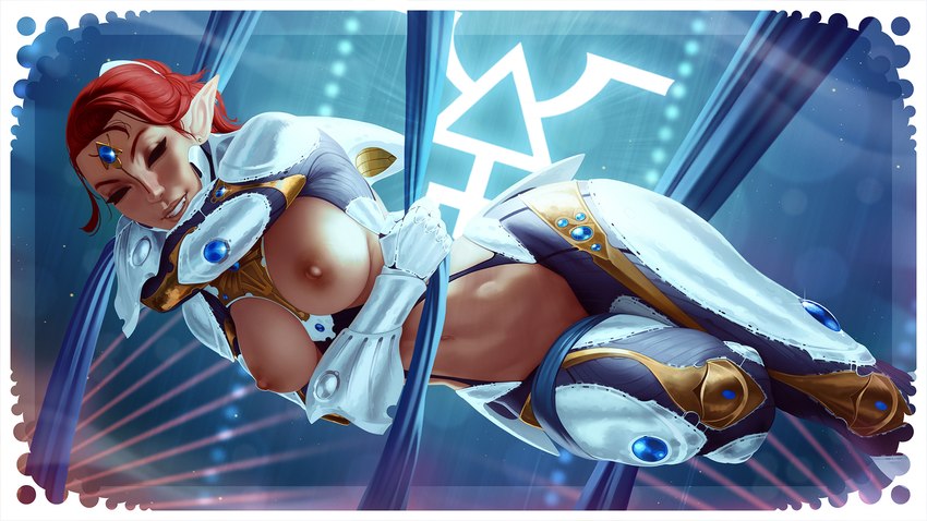 areola armor big_breasts blue_bodysuit blue_clothing blue_skinsuit bodysuit breasts clothing ear_piercing exposed_breasts eyelashes eyes_closed female forehead_gem gem hair humanoid_pointy_ears ineffective_clothing navel nipples piercing pink_areola pink_nipples pointy_ears red_hair skinsuit smile solo tan_body tan_skin thick_thighs tight_clothing white_armor wide_hips themaestronoob warhammer_(franchise) warhammer_40000 aeldari alien alien_humanoid elf humanoid 16:9 hi_res widescreen