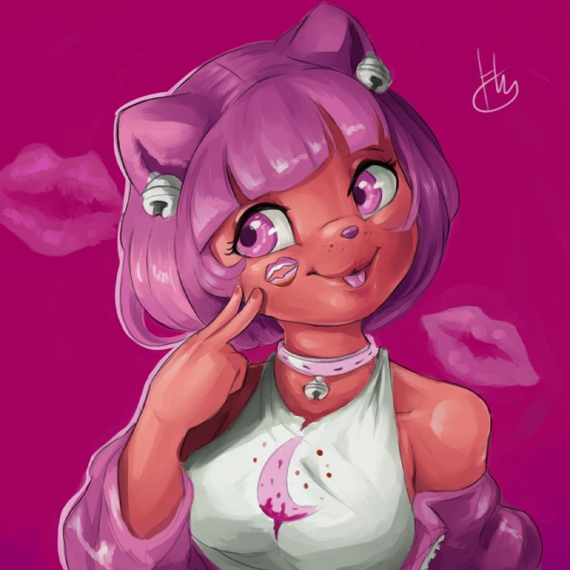 anthro bell bell_collar breasts collar female hair kiss_mark lipstick makeup pink_eyes red_background short_hair simple_background smile solo tongue tongue_out hawtmoon chimiko domestic_cat felid feline felis mammal 1:1 2019