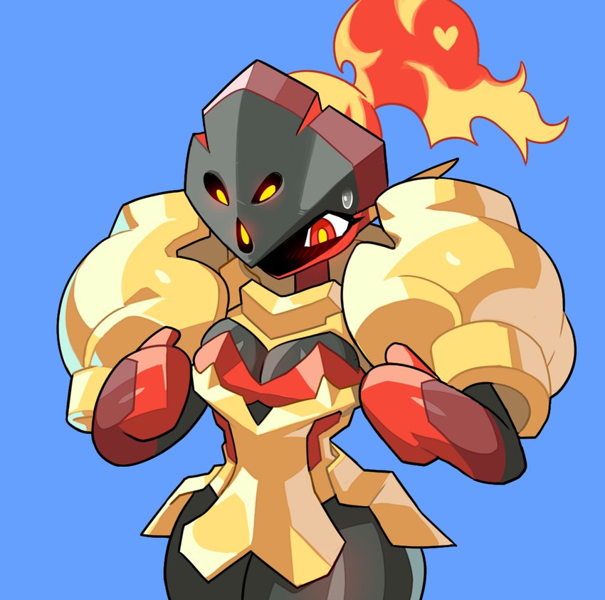 armor black_body black_skin blush bodily_fluids breasts cleavage clothed clothing female fire iris looking_down not_furry pupils red_body red_eyes solo sweat thick_thighs yellow_body drunk_oak nintendo pokemon armarouge generation_9_pokemon humanoid pokemon_(species) 2022 digital_media_(artwork)