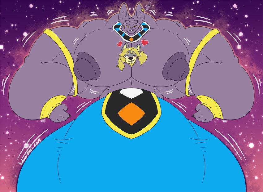 almost_fully_inside anthro big_bulge big_muscles bulge duo fur heart_symbol huge_bulge huge_muscles hyper hyper_bulge hyper_muscles male male/male muscular partially_inside pectoral_vore purple_body purple_fur unusual_vore vore kokoro-doll dragon_ball dragon_ball_super beerus canid canine canis domestic_cat felid feline felis mammal wolf