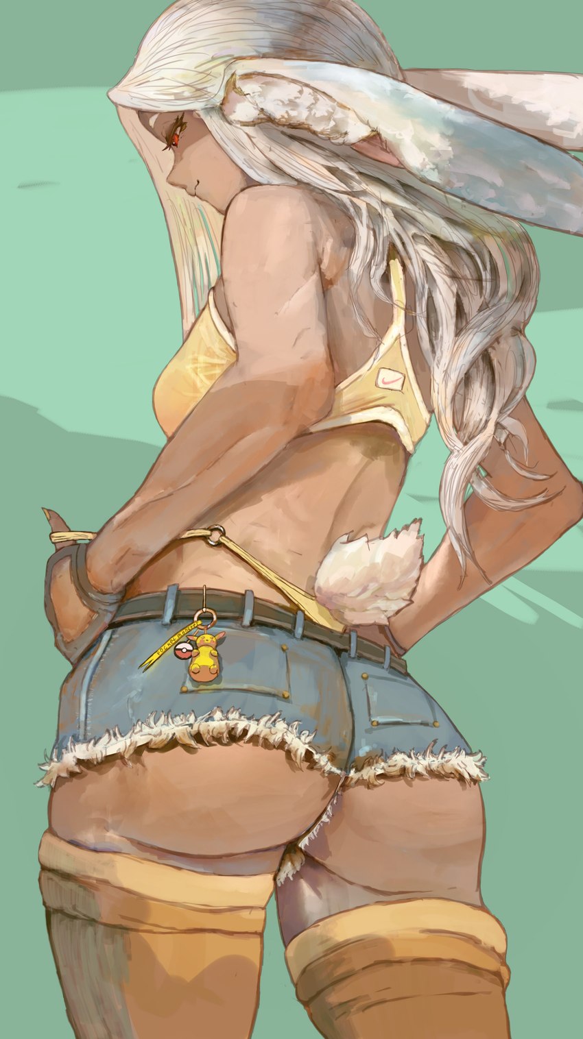 belt big_butt blue_bottomwear blue_clothing blue_shorts boots bottomwear bra breasts brown_clothing brown_footwear brown_shoes butt clothing crotch_tuft denim denim_bottomwear denim_clothing denim_shorts eyebrows eyelashes female footwear fur green_background hair inner_ear_fluff keychain legwear long_ears midriff panties pink_body pink_skin pokeball rear_view red_eyes shoes short_tail shorts simple_background solo sports_bra suntan tail tail_tuft tan_body tan_line tan_skin thigh_boots thigh_highs topwear tuft underwear white_body white_fur white_hair yellow_clothing yellow_panties yellow_topwear yellow_underwear wet_panties_(artist) my_hero_academia nike nintendo pokemon rumi_usagiyama animal_humanoid generation_1_pokemon humanoid lagomorph lagomorph_humanoid leporid_humanoid mammal mammal_humanoid pikachu pokemon_(species) rabbit_humanoid 2023 absurd_res hi_res